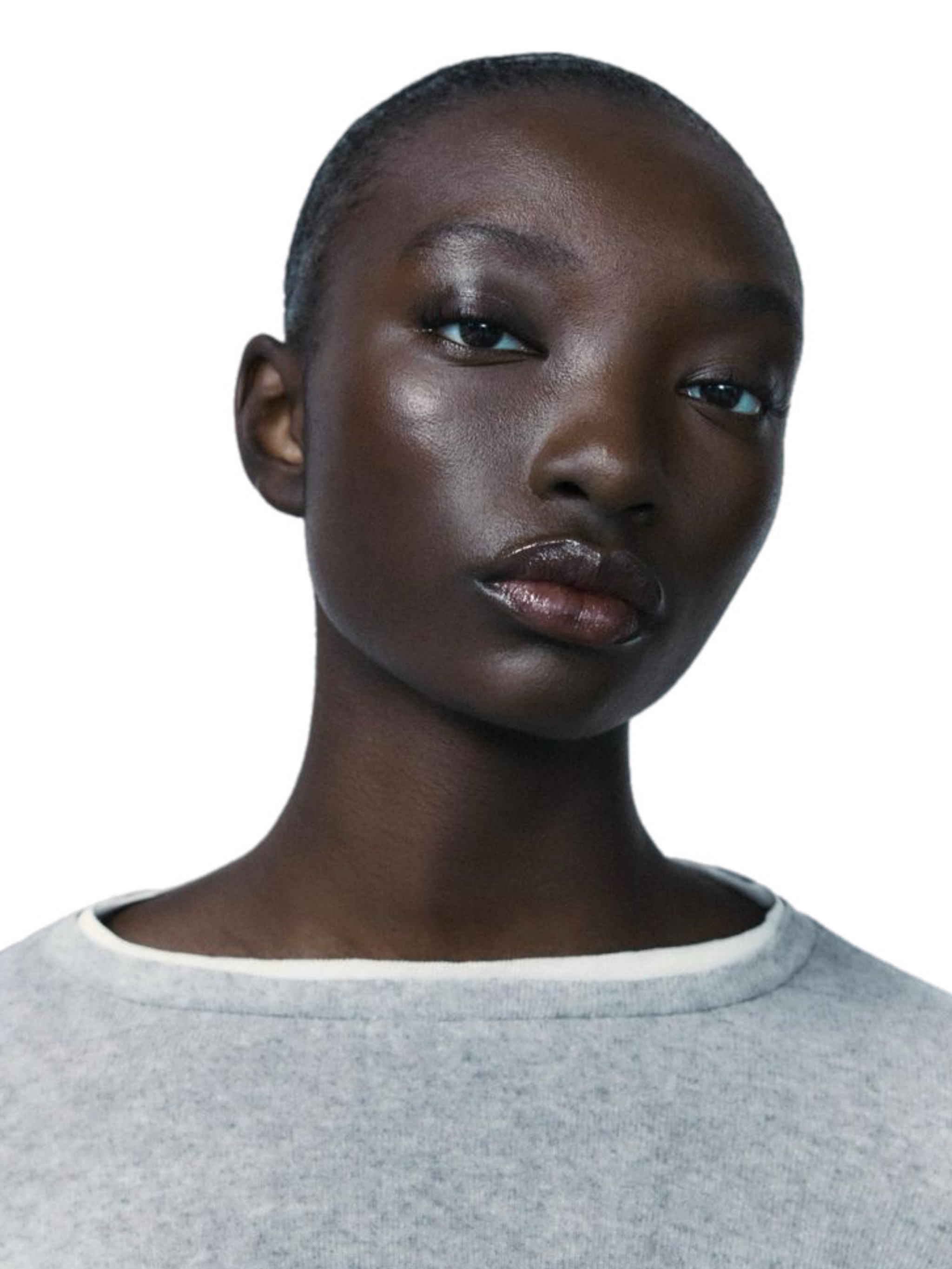 Chinese model with luminous glass skin effect, white shirt, black hair with centre part, minimal dewy makeup